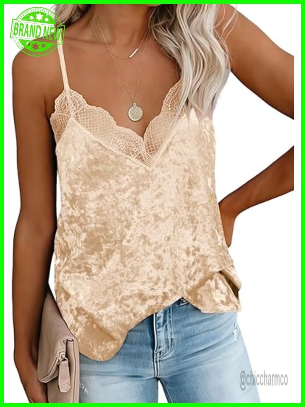 Velvet Lace Trim V Neck Tank Top with Adjustable Straps